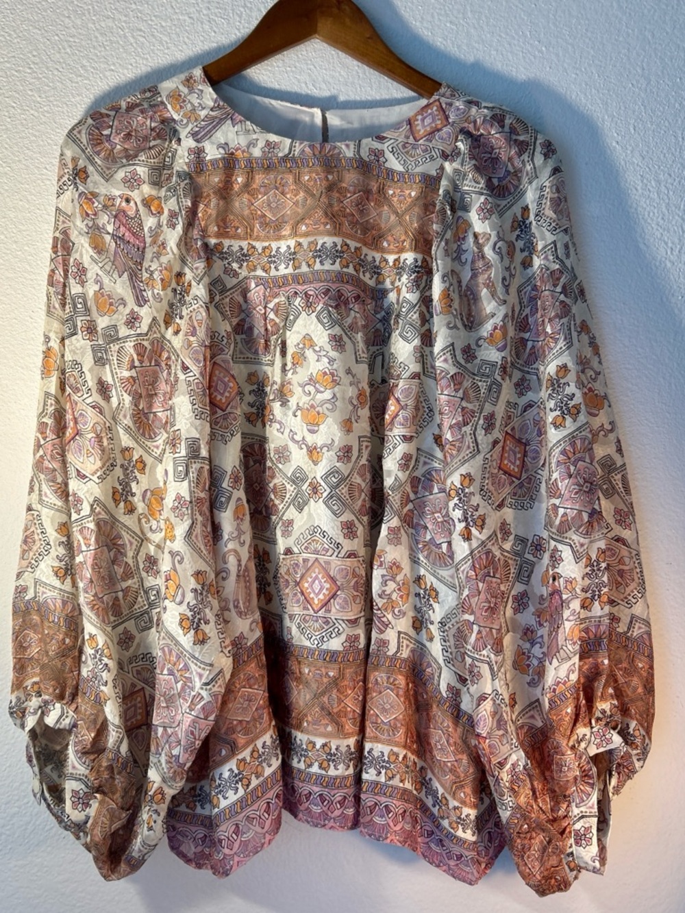 Anthro Flora 100% Silk Blouse Sheer Boho Paisley Peasant Top Neutral size L - Picture 2 of 6
